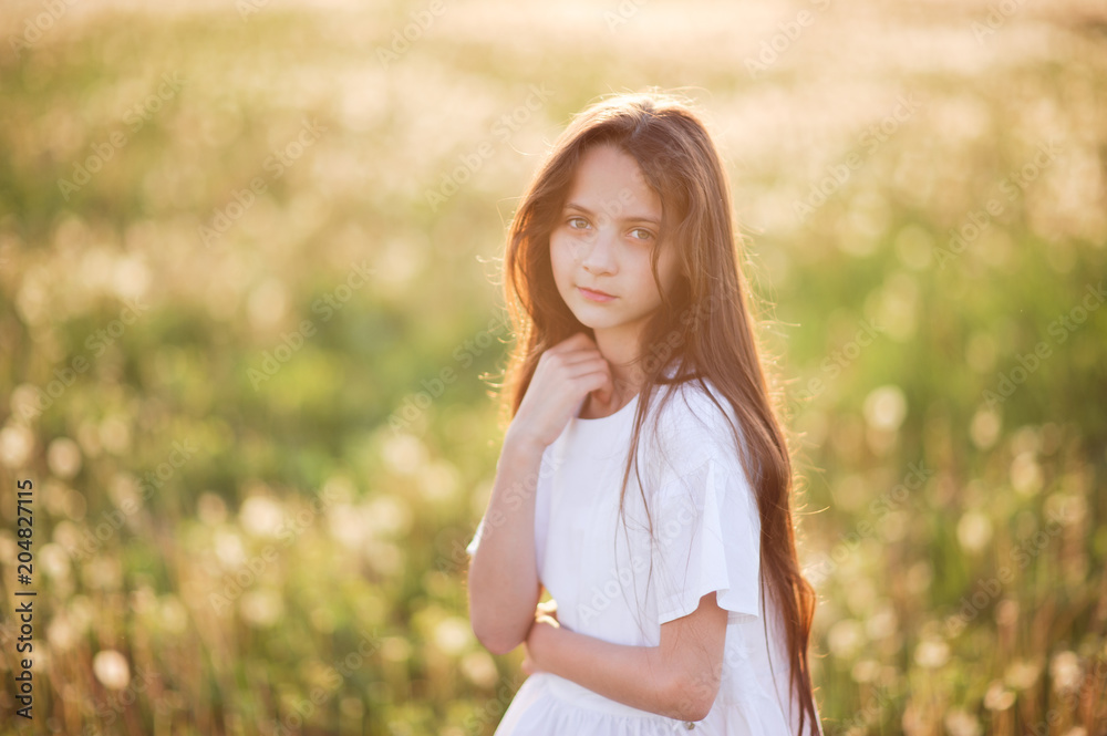 portrait of beautiful young caucasian girl wearing white shirt in summer sunset field outdoors portrait of beautiful young caucasian girl wearing white shirt in summer sunset field outdoors