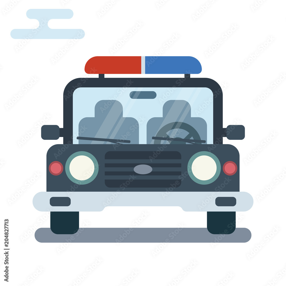Modern flat cartoon illustration of front side of stylized police car. Modern flat cartoon illustration of front side of stylized police car.
