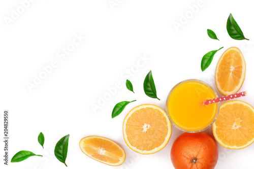 orange juice glass with slices of citrus and leaves isolated on white background with copy space for your text, top view