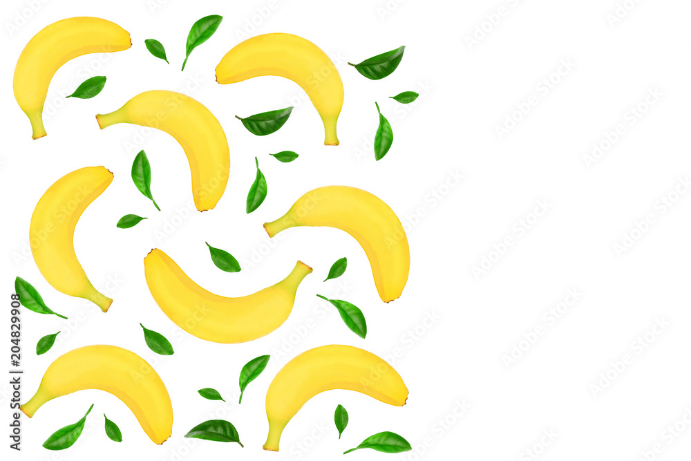 Obraz premium whole bananas with leaves isolated on white background with copy space for your text. Top view