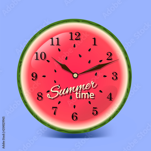 Vector illustration of a clock handshake on a watermelon isolated on a blue background. Concept summer time.
