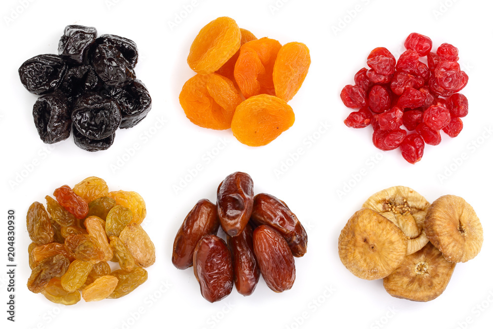 Set of dried fruits isolated on white background. Top view. Flat lay Set of dried fruits isolated on white background. Top view. Flat lay