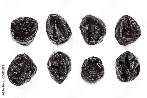 Dry plums prunes set isolated on white background as package design element