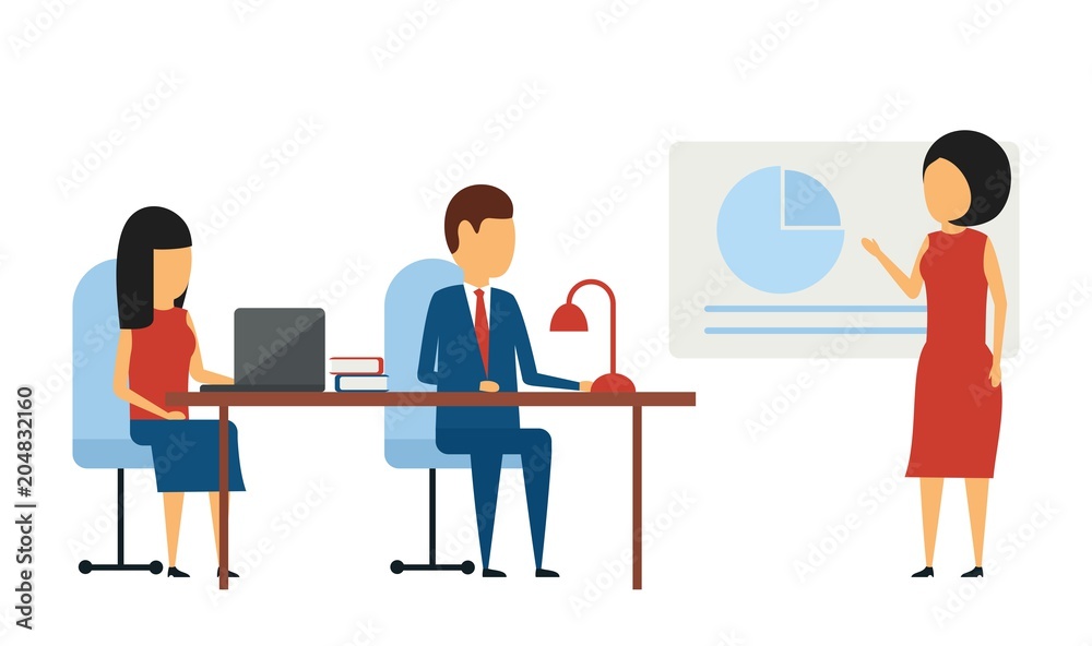 Business concept. In a simple style. Presentation of the business project. Consideration and resolution of business issues. Flat style on white background. Business concept. In a simple style. Presentation of the business project. Consideration and resolution of business issues. Flat style on white background.