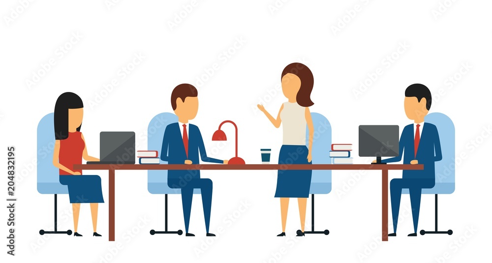Business concept. Business meeting. In a simple style. Brainstorming office staff at the same table. Flat style on white background. Business concept. Business meeting. In a simple style. Brainstorming office staff at the same table. Flat style on white background.
