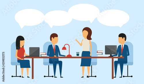 Business concept. In a simple style. Discussion and solution of business issues at the meeting. The speech bubbles. Flat style on blue background.