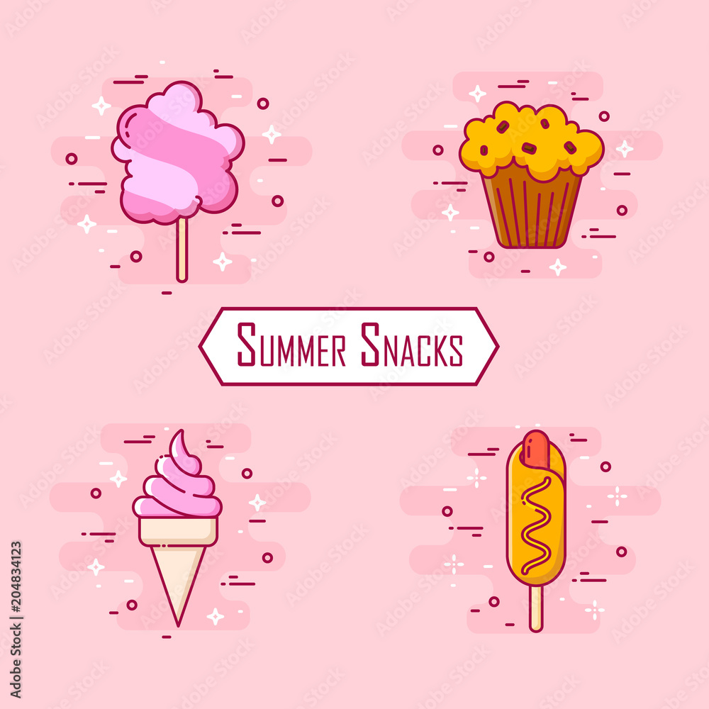 Set of summer snacks corn dog, ice cream, cotton candy, cake. Vector