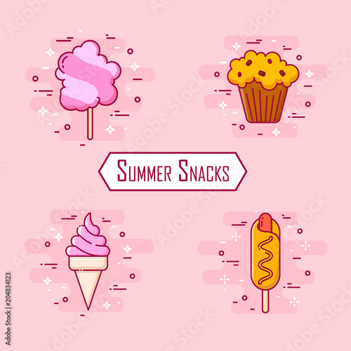 Set of summer snacks: corn dog, ice cream, cotton candy, cake. Vector icons for fast food. Thin line flat design.