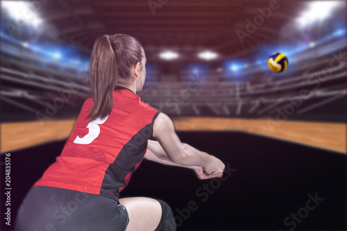 Female professional volleyball player on volleyball court