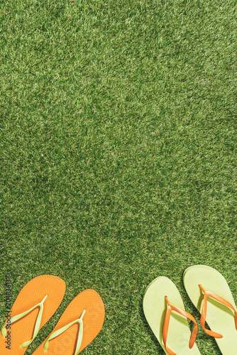 top view of green and orange flip flops on green lawn
