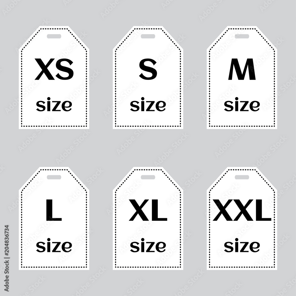 Set of size clothing label icons on gray background, white silhouette with black inscription. Vector illustration Set of size clothing label icons on gray background, white silhouette with black inscription. Vector illustration