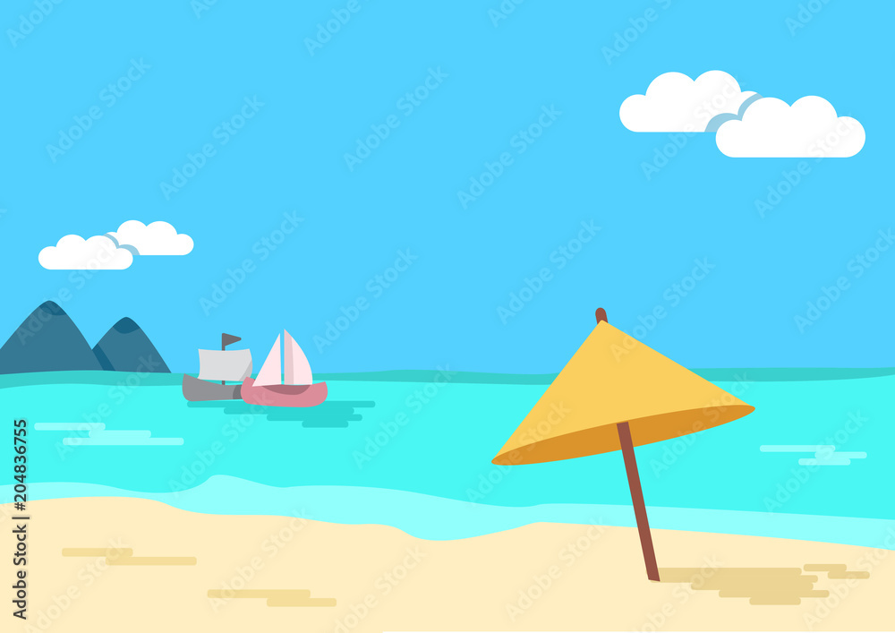 Summer background. Tropical seascape. Beach umbrella, sea, sandy shore, mountains, ships. Vector illustration