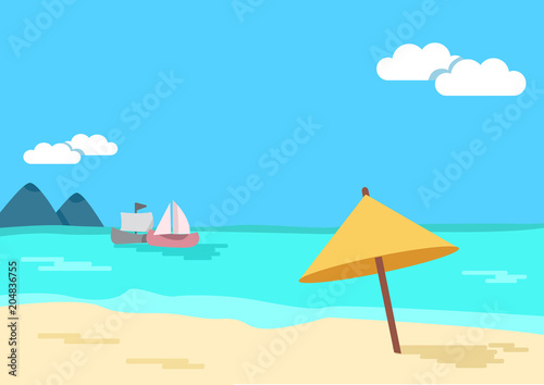 Summer background. Tropical seascape. Beach umbrella, sea, sandy shore, mountains, ships. Vector illustration