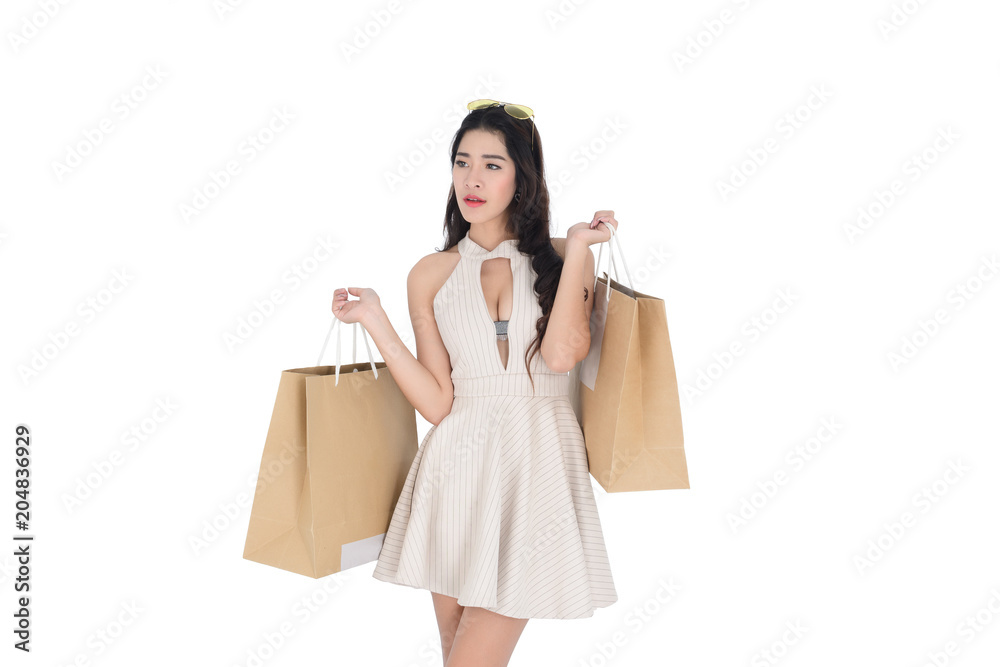 Woman hold shopping bag, Asian girl, 20-30 years old,on white background.