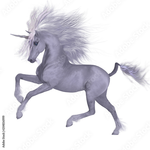White Unicorn Prancing - A Unicorn is a mythical creature that has a white coat  cloven hooves  goat beard and forehead horn.