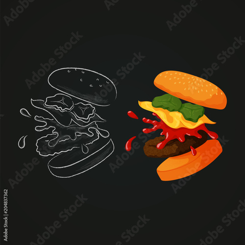 Cheeseburger separated into layers showing ingredients on a blackboard. Colorful and drawn with chalk.