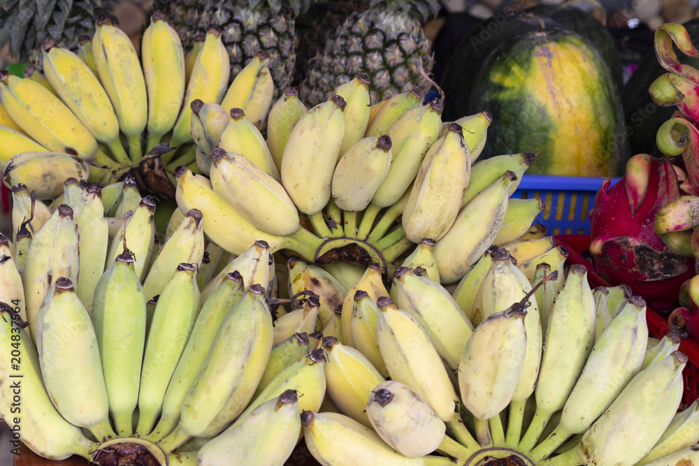 Tropical fruit on market. Small banana and pineapples. Yellow bananas selling.