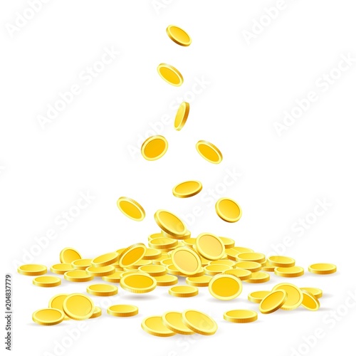 Coins heap. Gold coins money pile vector illustration, ancient currency treasure isolated on white background