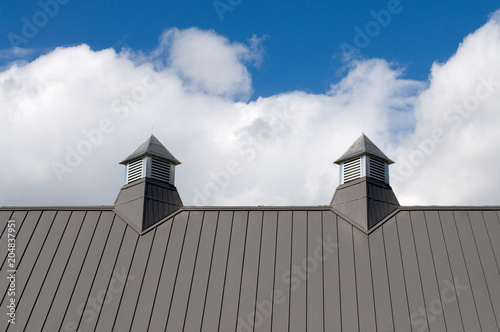 фотографія Grey Roof Vents with Blue Sky and Puffy Clouds