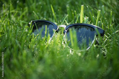 Fototapeta Naklejka Na Ścianę i Meble -  close up view of stylish sunglasses on green grass