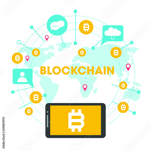 Blockchain vector illustration. Bitcoin and Ethereum trading concept.