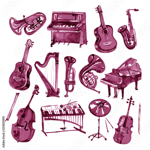 Photography Set of hand draw Burgundy wine watercolor musical instruments