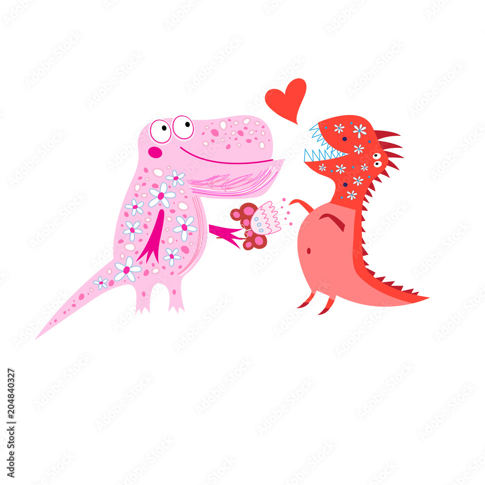 Bright cheerful card with loving dinosaurs