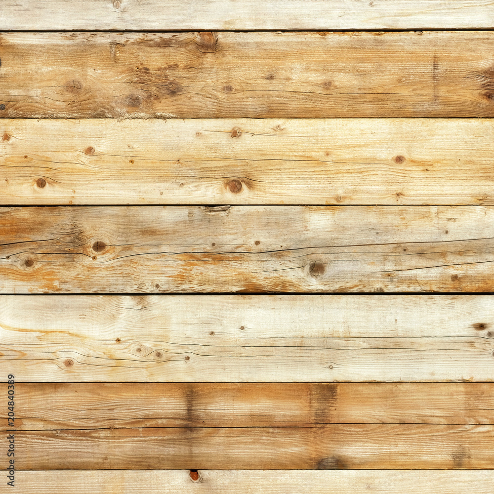 Naklejka premium Old wood plank wall background weathered distressed faded yellow pine grain wooden texture surface photo square format