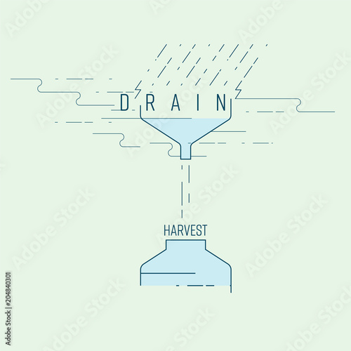 Rain word separated from spelling of drain, bracketed in funnel outline, as a gimmick of rainwater harvesting. Vector illustration.