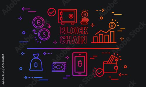 Blockchain vector illustration. Bitcoin and Ethereum trading concept.