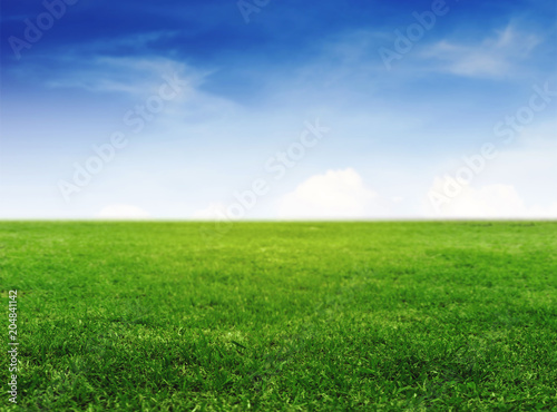 Green grass field under clear blue sky and white clouds