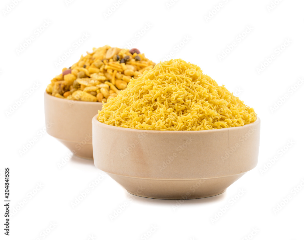 Indian Salty Snack Sev Namkeen isolated on White Background Indian Salty Snack Sev Namkeen isolated on White Background