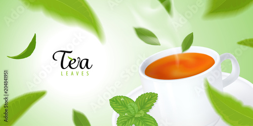 Flying green tea leaves with ceramic cup on green background template. Vector set of element for advertising, packaging design of tea products.