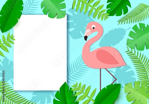 Tropical paper background with leaves, exotic bird and white sheet. Flamingo look out over the thickets of the jungle. Temlplate of page with place for text. Vector illustration in paper art style.