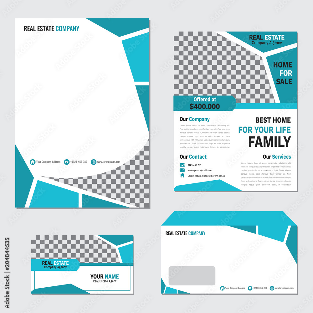 Real estate business letter head, brochure and card template set vector  design with cyan abstract color Stock Vector | Adobe Stock