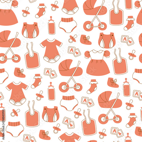 Hand Drawn Seamless Baby Pattern with Toys, Clothes, Stroller and etc.