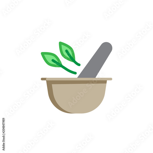 Mortar and pestle with herbal leaf flat icon, vector sign, colorful pictogram isolated on white. Pharmacy and alternative medicine symbol, logo illustration. Flat style design