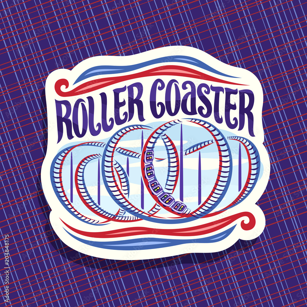 Vector logo for Roller Coaster, cut paper sign with cartoon train go down  in loop of