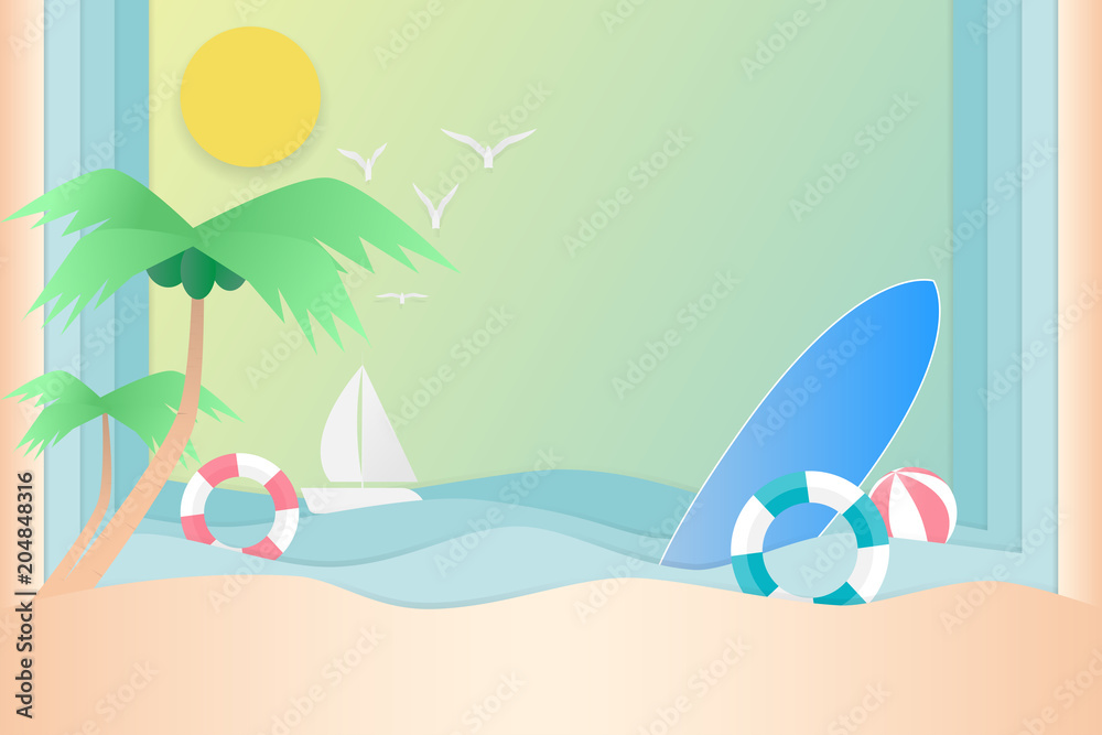 Vector beach with swim ring, surfboard, sailboat, in summer .paper art and Vector illustration design.