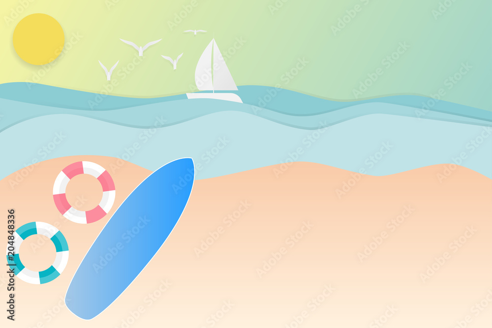 Vector beach with swim ring, surfboard, sailboat, in summer .paper art and Vector illustration design.