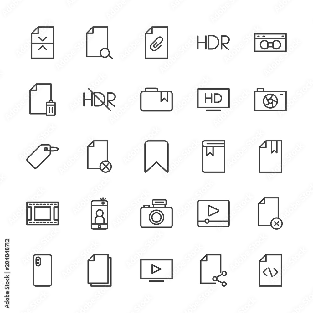 Modern Simple Set of video, photos, bookmarks, files Vector outline Icons. Contains such Icons as remove,  architecture,  technology, play and more on white background. Fully Editable. Pixel Perfect.