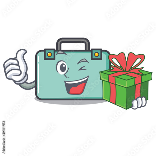 With gift suitcase mascot cartoon style