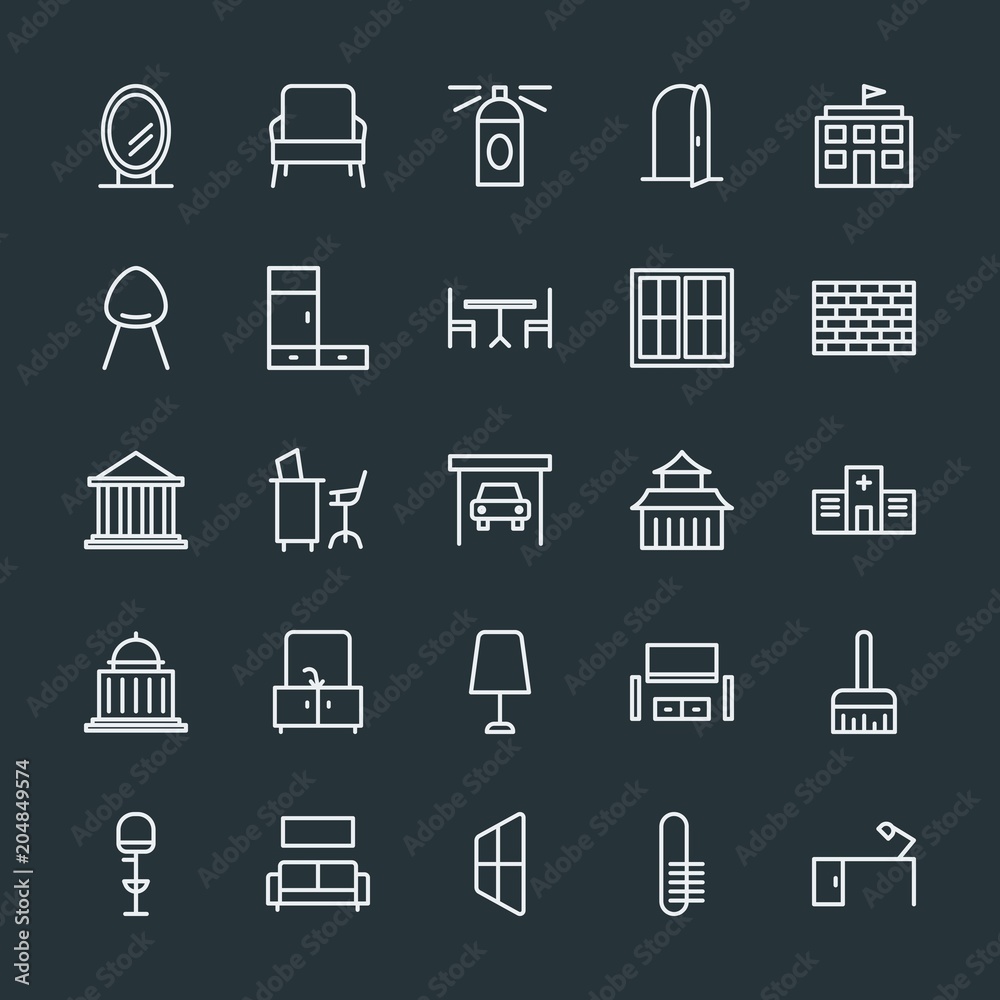 Modern Simple Set of buildings, furniture, housekeeping Vector outline Icons. Contains such Icons as desk, home,  cinema,  art,  vintage and more on dark background. Fully Editable. Pixel Perfect.