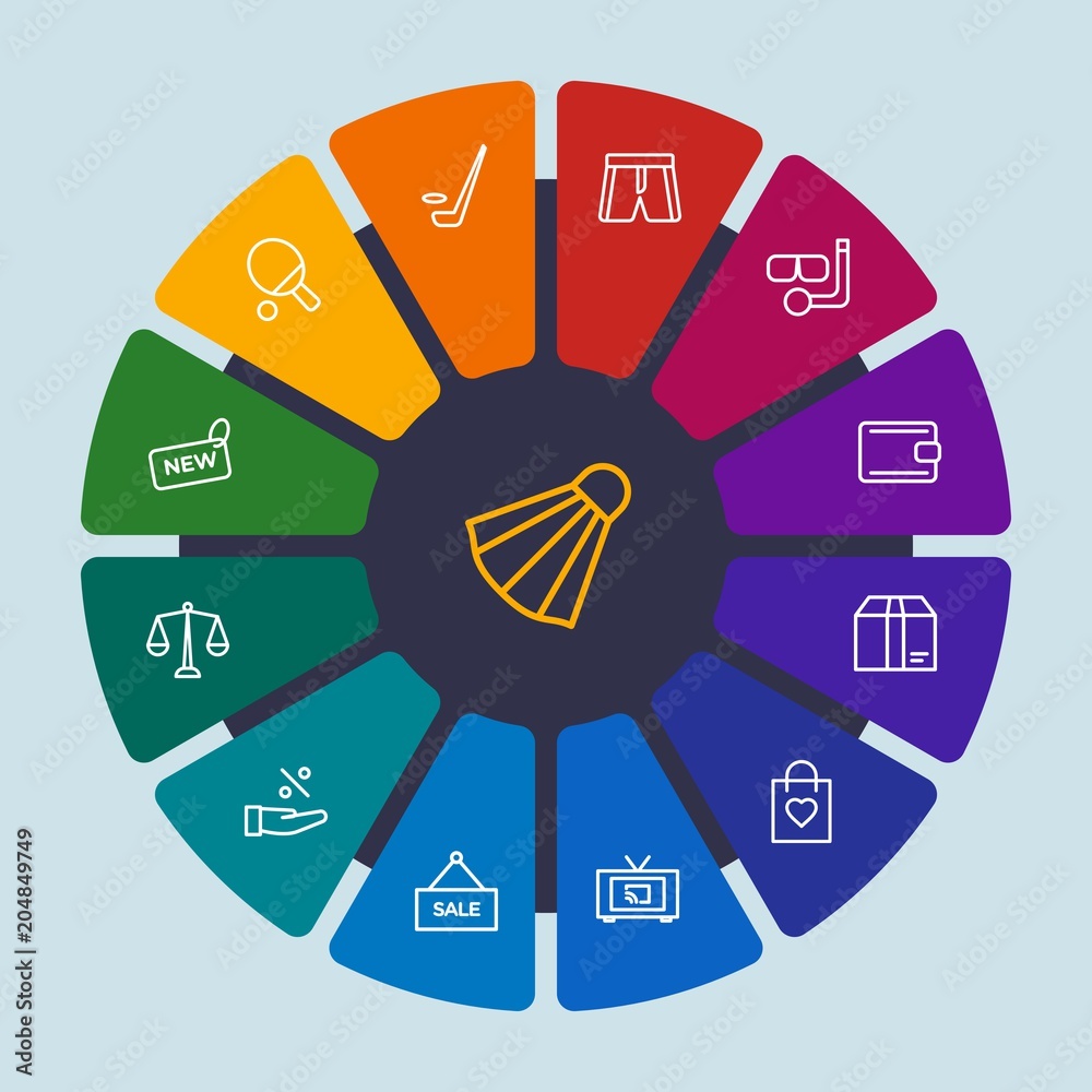 Obraz premium hotel, sports, shopping, travel Infographic Circle outline Icons Set. Contains such Icons as shorts, game, box, gift, scuba, summer, favorite, wallet and more. Fully Editable. Pixel Perfect