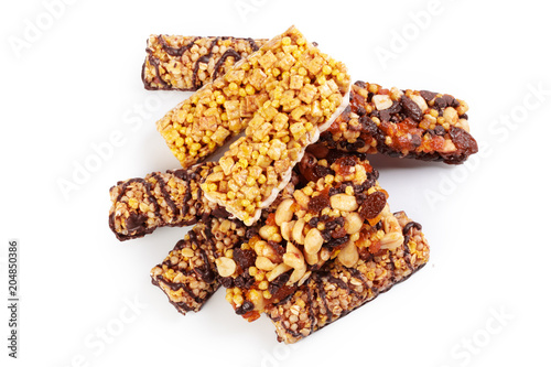 Healthy granola munchies on white background