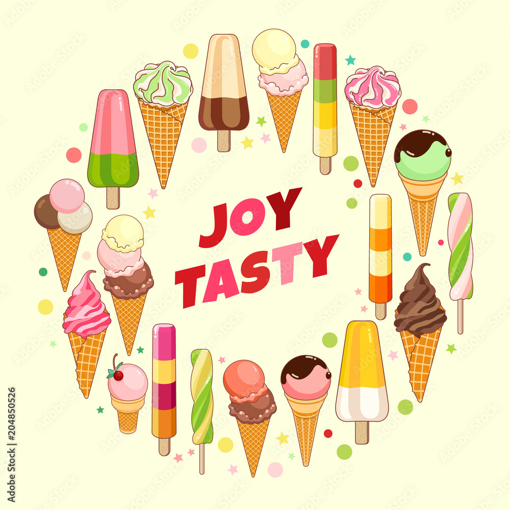Ice cream poster. Brightly colored ice cream, waffle cones, popsicles on a beautiful background. Cartoon illustration for web, advertising, banner, poster, flyer, business card. Vector illustration. Ice cream poster. Brightly colored ice cream, waffle cones, popsicles on a beautiful background. Cartoon illustration for web, advertising, banner, poster, flyer, business card. Vector illustration.