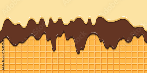 Seamless pattern. Current icing and chocolate on waffle texture background, waffle cone with ice cream. Cartoon illustration for web, site, advertising, banner, poster, flyer, business card. Vector