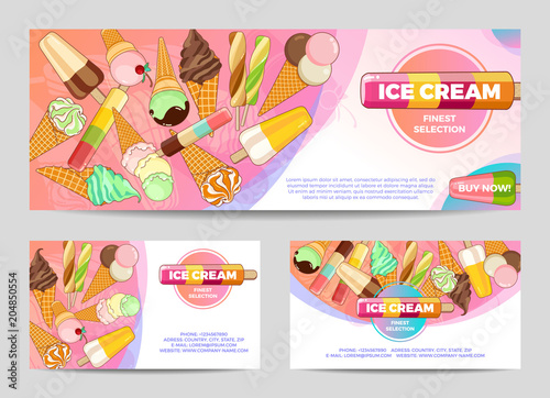 Ice cream poster. Brightly colored ice cream  waffle cones  popsicles on a beautiful background. Cartoon illustration for web  advertising  banner  poster  flyer  business card. Vector illustration.
