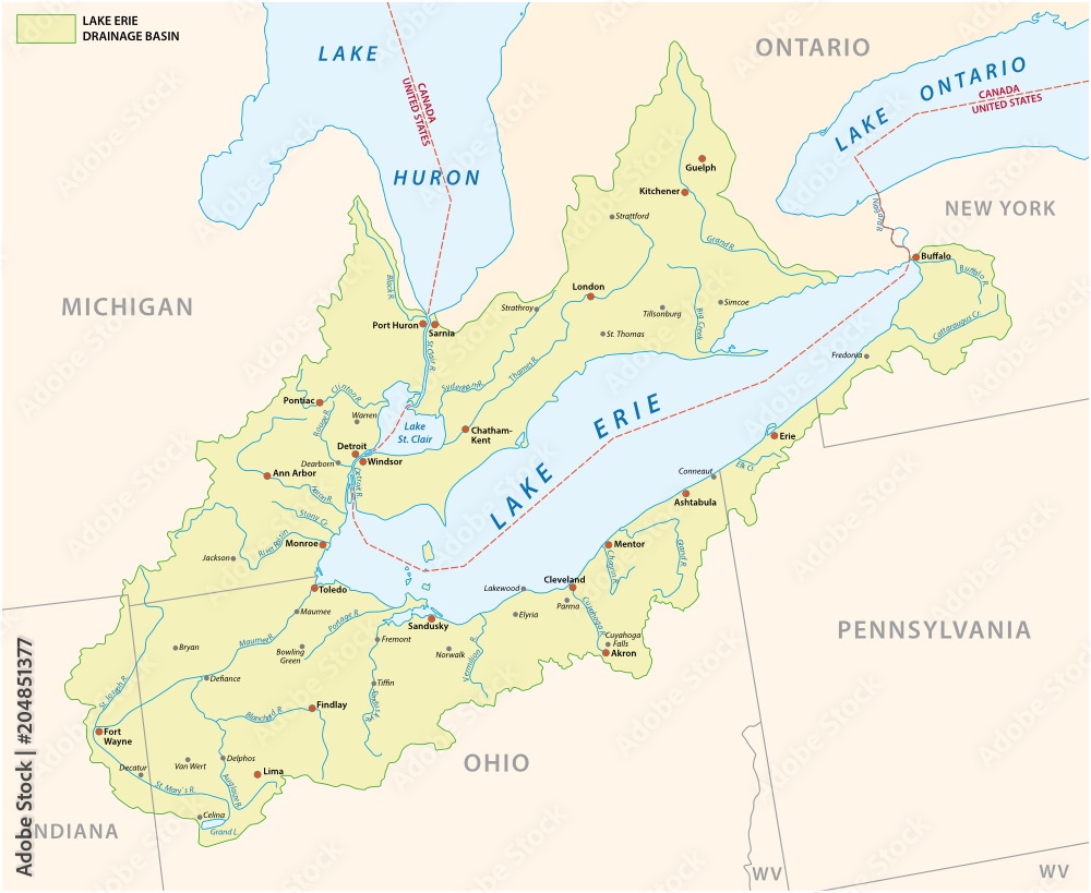 lake erie drainage basin vector map