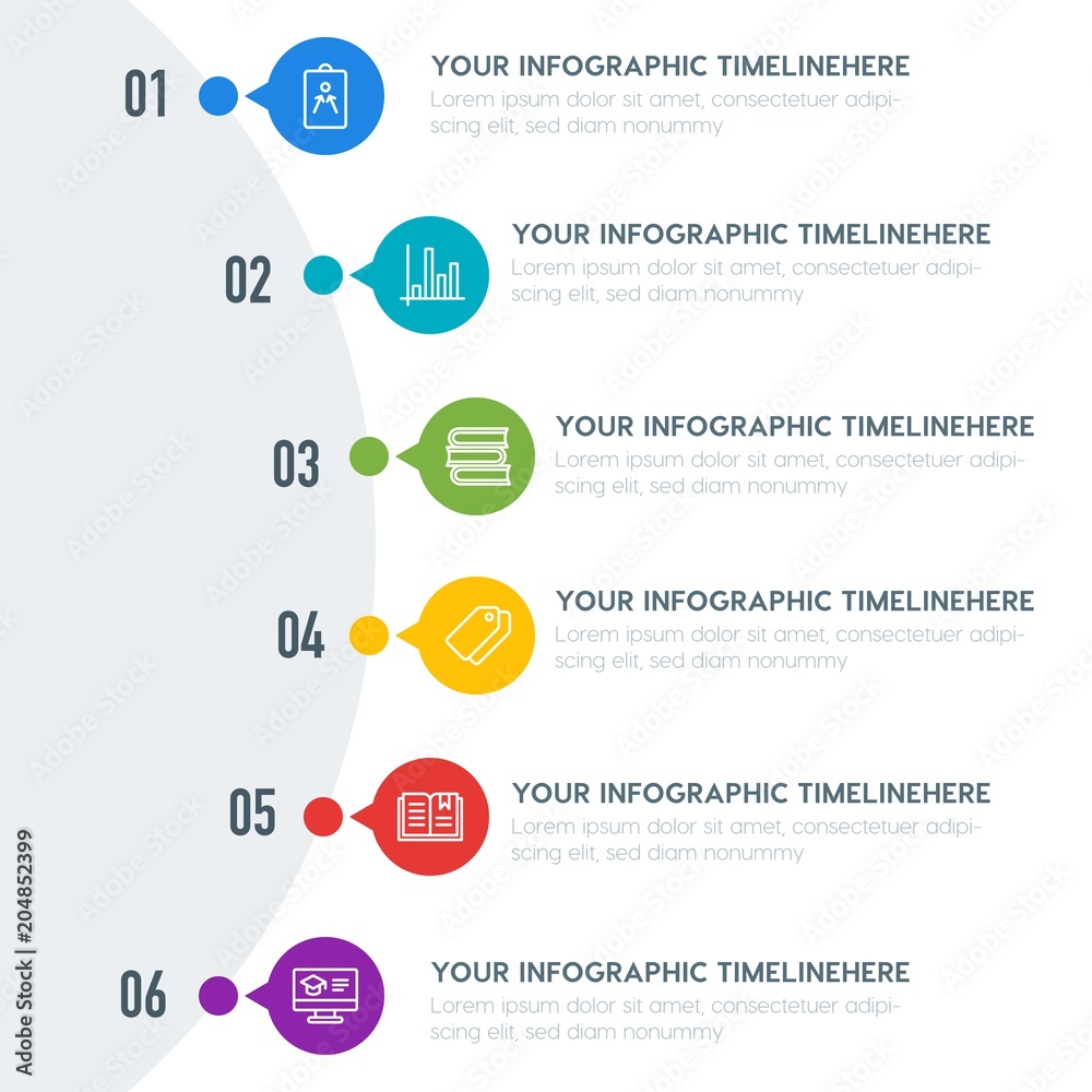 Flat charts, bookmarks, education infographic timeline template with 7 options for presentations, advertising, annual reports